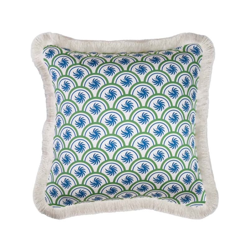 A glamorous art deco inspired cushion with green and blue patterns and a white fringe