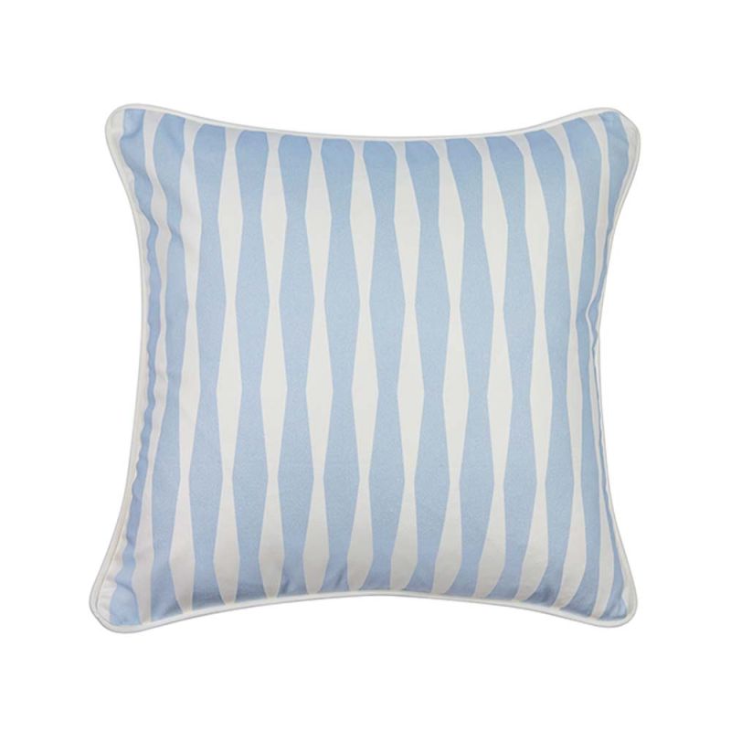 A delicate light blue and white diamond striped cushion with white piping.