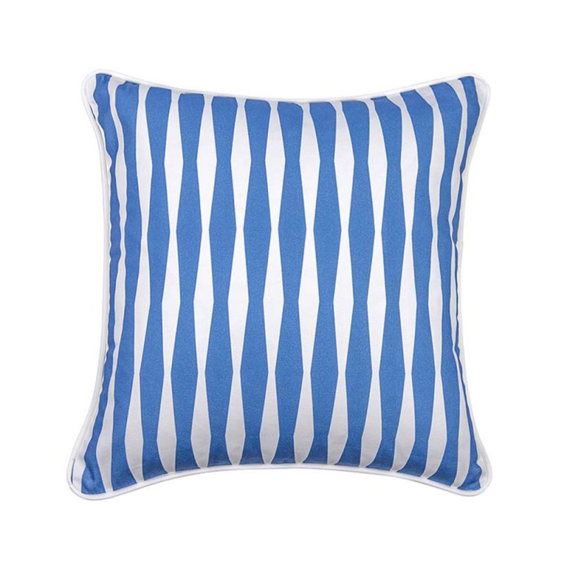 A simple blue and white, diamond striped cushion with matching white piped edges.