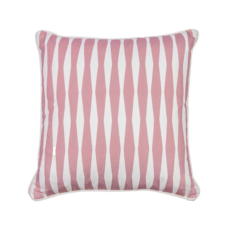 A chic pink and white, diamond striped cushion with matching white piping