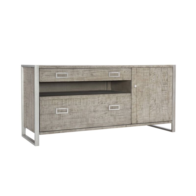 Elegant filing cabinet in grey washed wood with drawers, shelves and cupboard storage