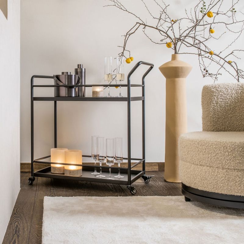 dazzling black bar cart with wheels and two shelves