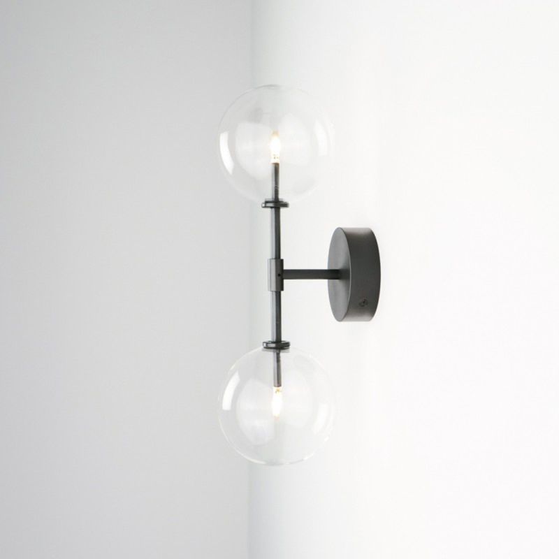 Black brass double clear glass globe wall lamp 