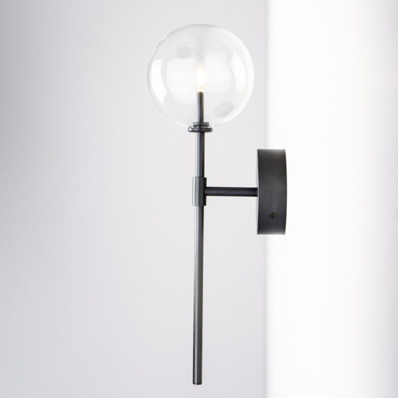 Black gunmetal brass wall lamp with large clear glass lampshade