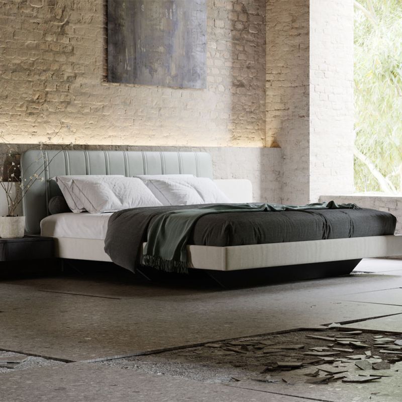 Luxury, contemporary style bed with linen and leather details