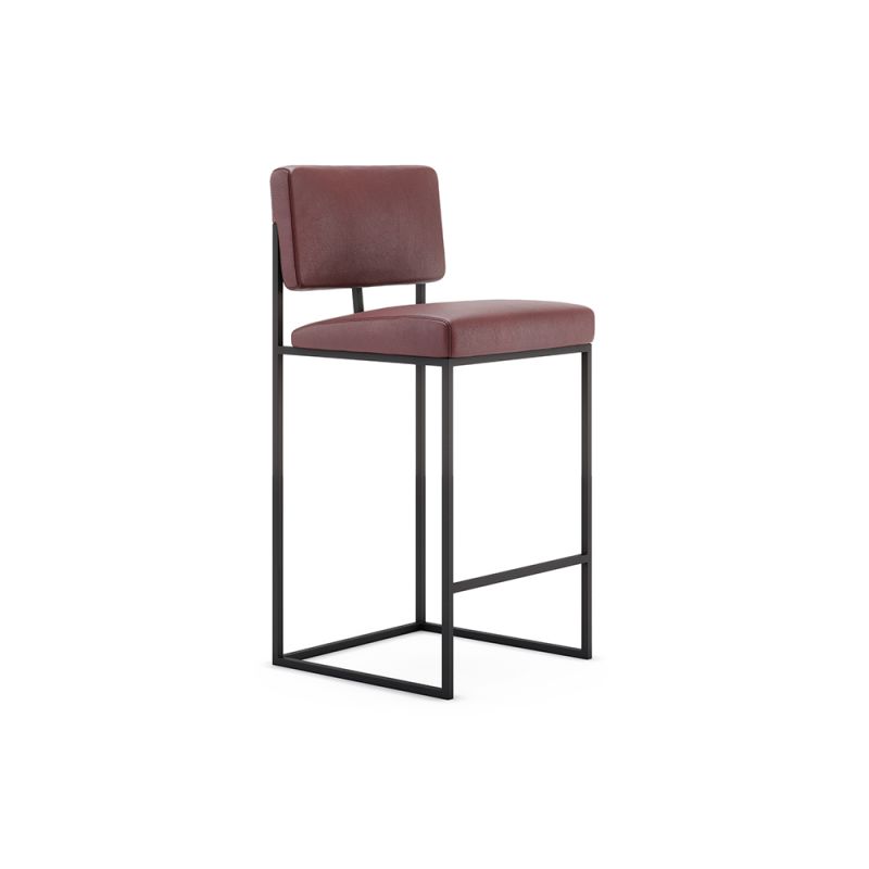 A luxurious modern counter stool with a minimal black metal frame and natural leather upholstery