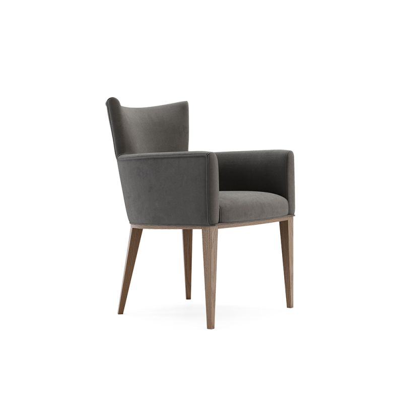 A chic modern mid-century modern dining armchair with wooden legs