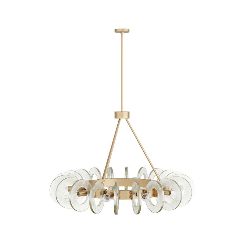 Playful pendant fashioned with clear glass hoops and exposed bulbs that surround a circular framework of antique brass iron