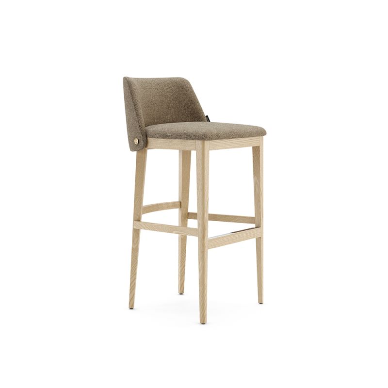 A luxurious bar stool featured in a weave upholstery with a natural ash finish and gold brushed stainless steel accents