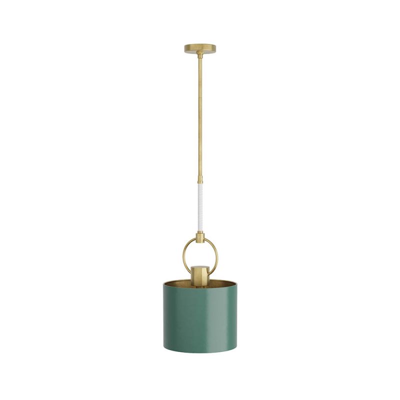 Green ceiling light with brass ring detail and suspension fixture