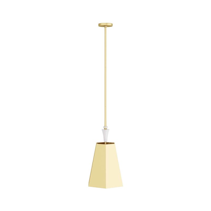 Hexagonal, antique-brass steel shade adorned with a white alabaster finial