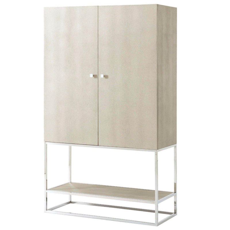 Natural leather bar cabinet with glass insert