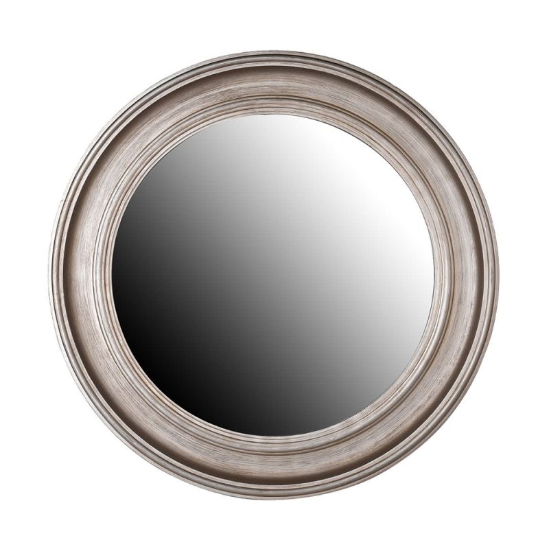 A contemporary round distressed mirror in a silver finish