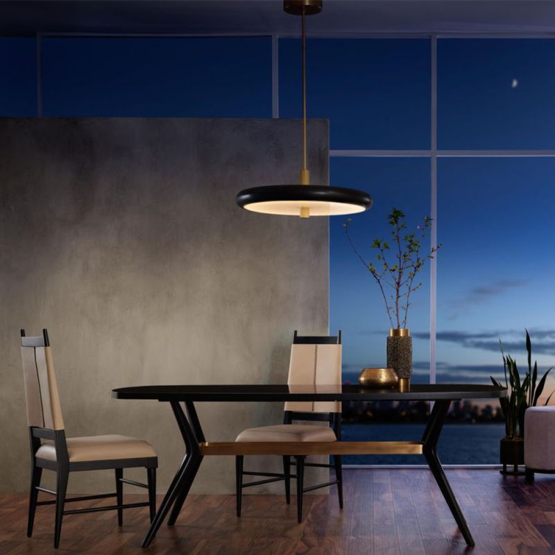 Delicate pendant light with gold fixture and disk-shaped bulb