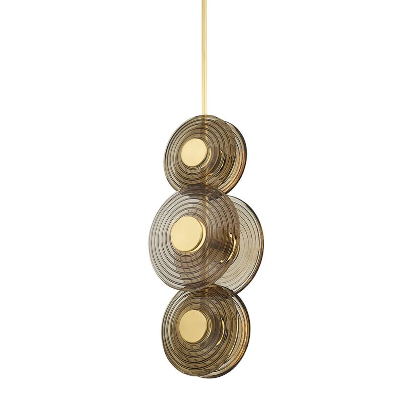 Pendant light with three brown glass circular bulbs, complete with gold accents 