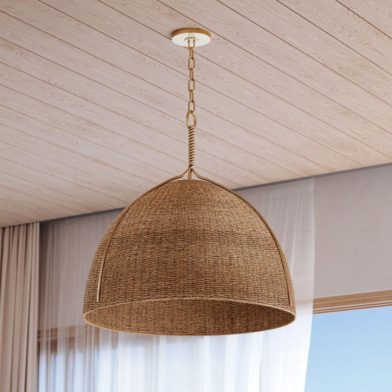 Cone-shaped rattan pendant with gold accents