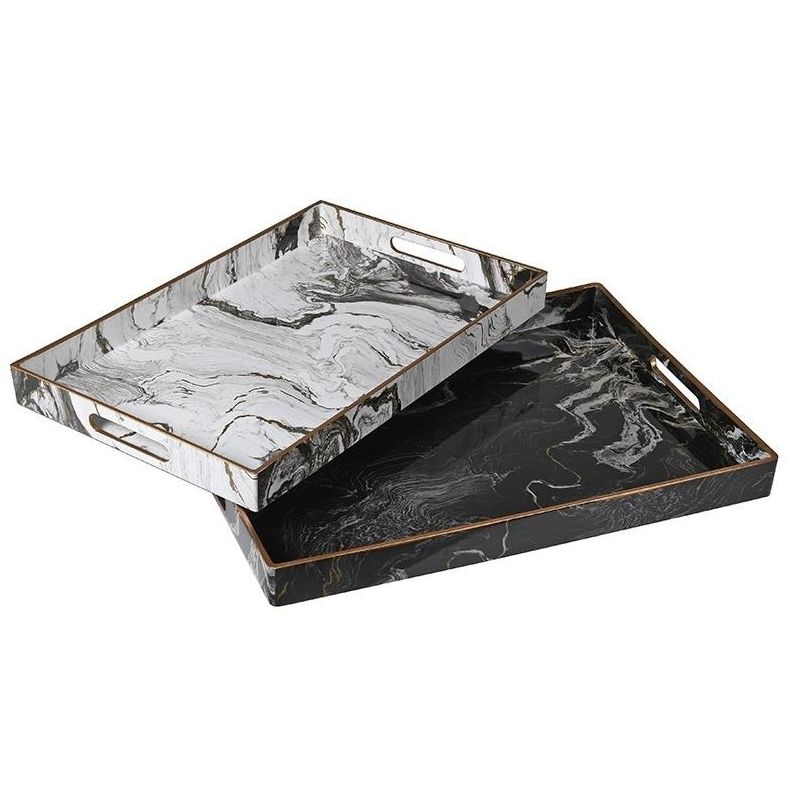 Set of 2 marble effect trays in black and white with gold detailing