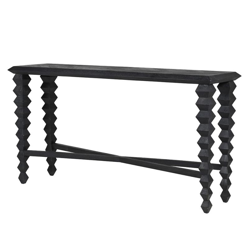 Black wooden console table with geometric legs