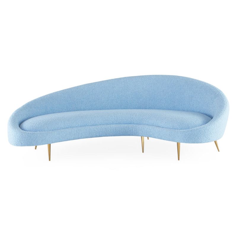 Curved pale blue sofa in boucle finish