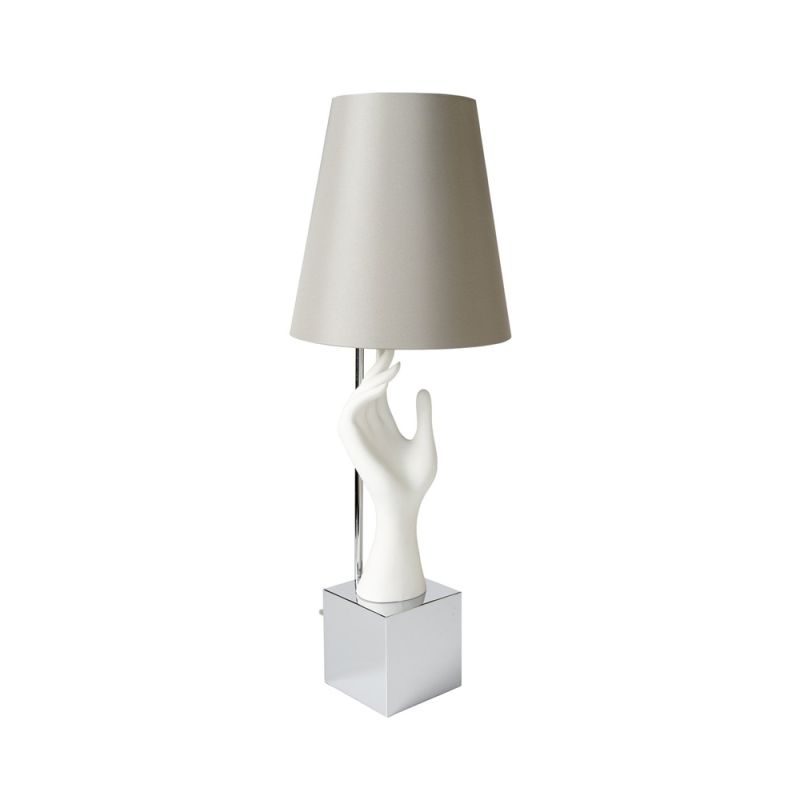A beautiful hand-shaped table lamp with a grey silk shade and a nickel base