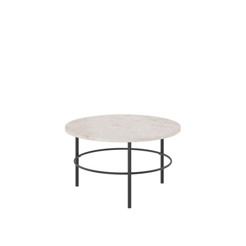 round coffee table with stone top and dark metal legs