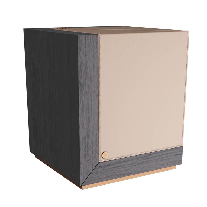 Cube side table in beige leather with dark wood and brass details