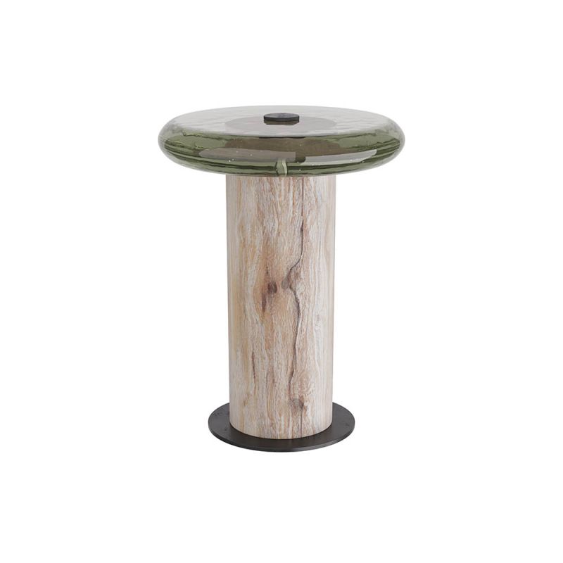 Thick rounded edge glass top side table with wood plinth base