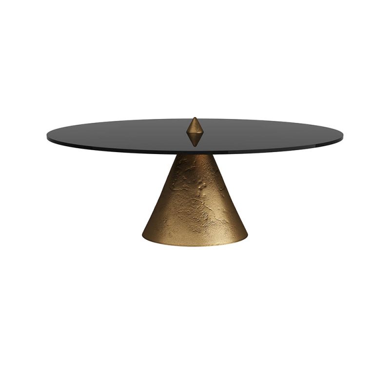 Black glass round table with protruding brass triangular base