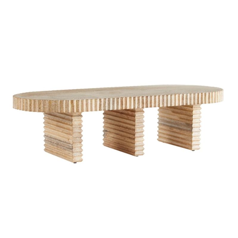 Grooved wooden coffee table with three legs and oval table top