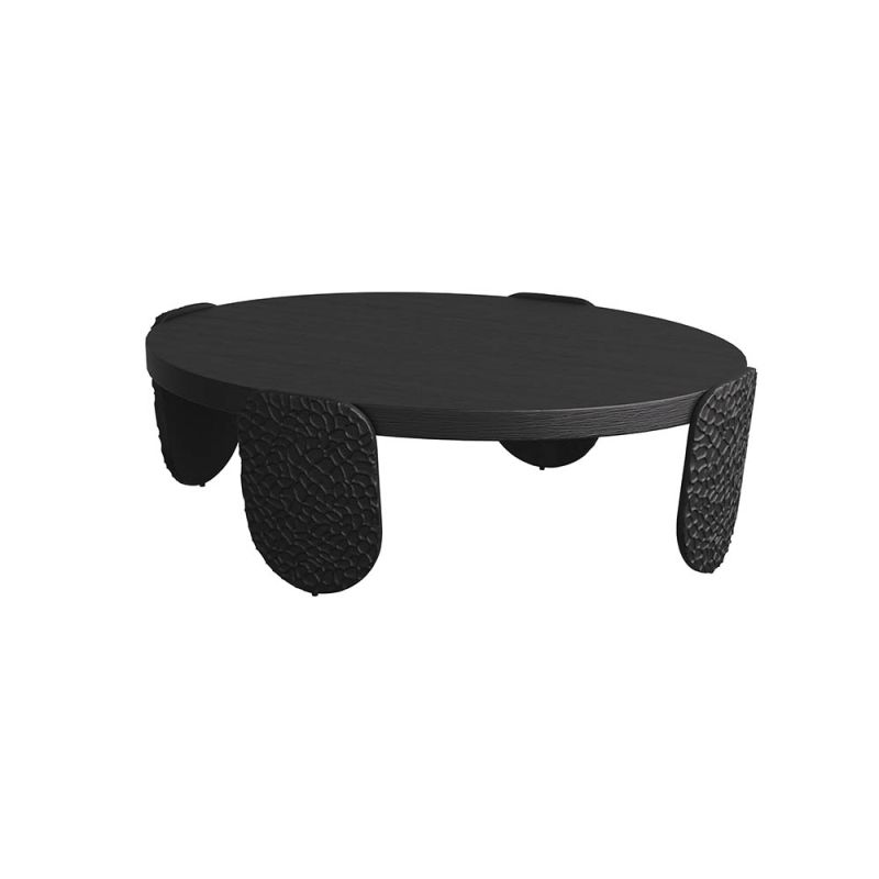 Contemporary ebony wooden coffee table with four smaller textured oval supports