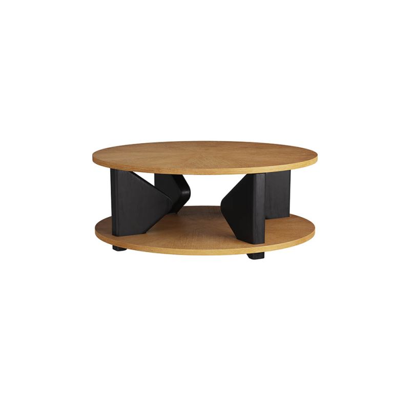 Geometric coffee table with oak shelves and ebony finished wooden supports that bisect them