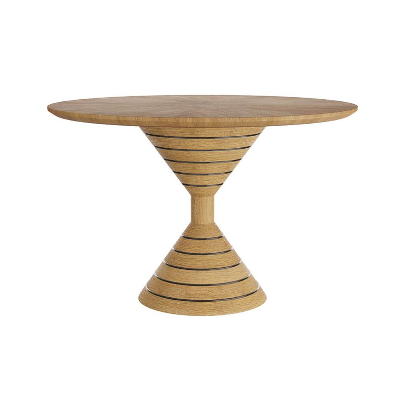 Round wooden table top with sculptural hourglass silhouette and brass inlays