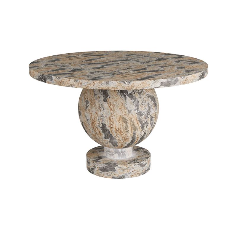 Marble-like pedestal entry table with sculptural top playfully balancing on totemic base