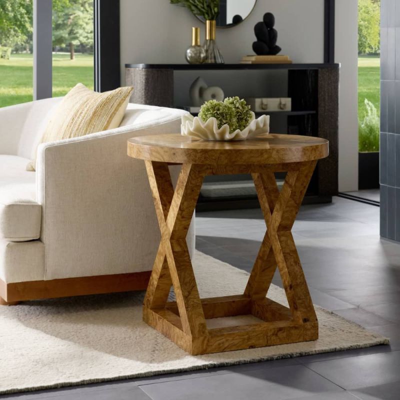 Side table with X frame and circular tabletop in blonde burl olive ash veneer