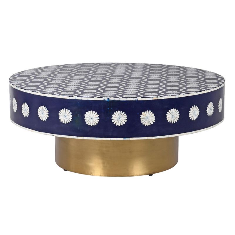 Coffee table with brass finish base and floral blue tabletop