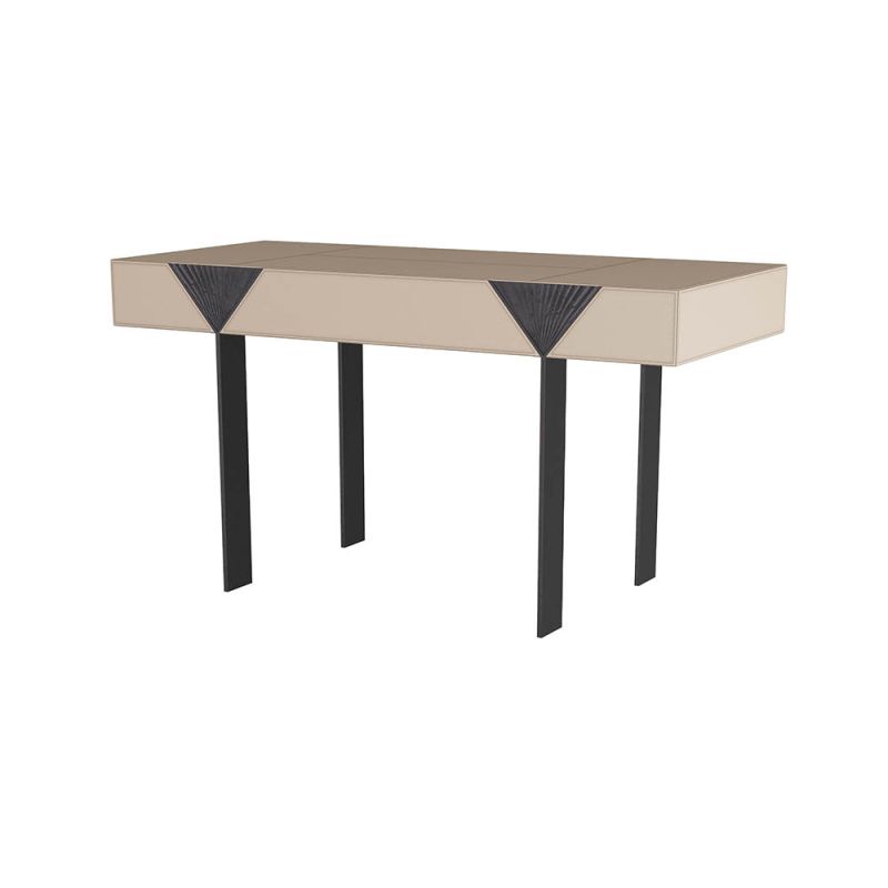 Desk encased in grey leather balancing on blade-like bronze legs