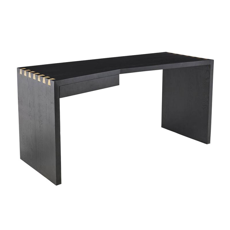 Ebony oak desk with bold inlaid antique brass joints at the side edges