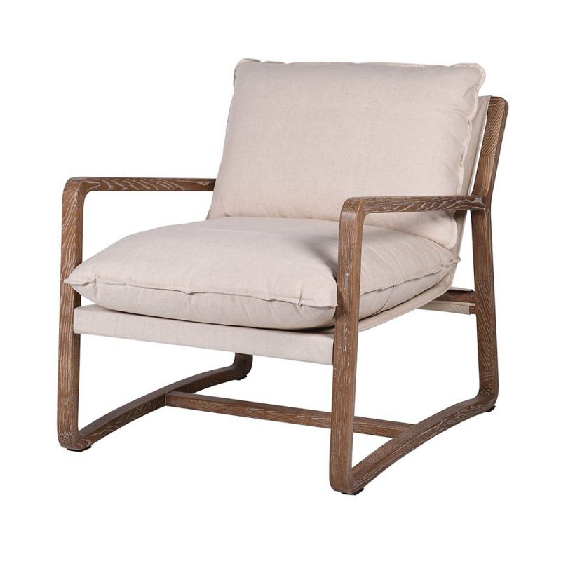 Cosy, neutral armchair with sleek wooden frame and linen seat cushions