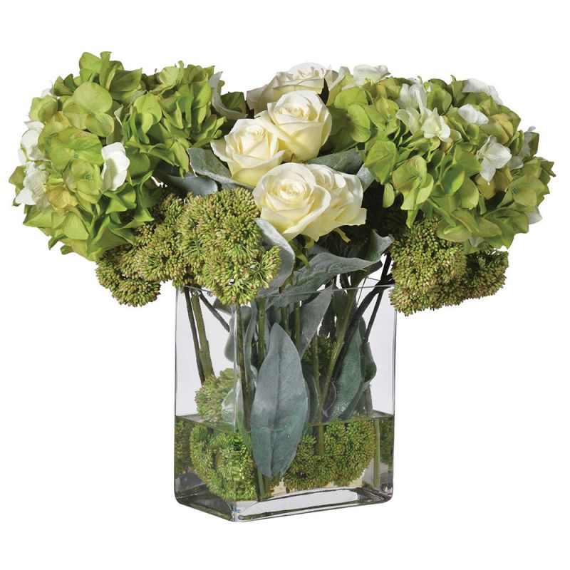 Lime hydrangea, rose and sedum arrangement in glass vase