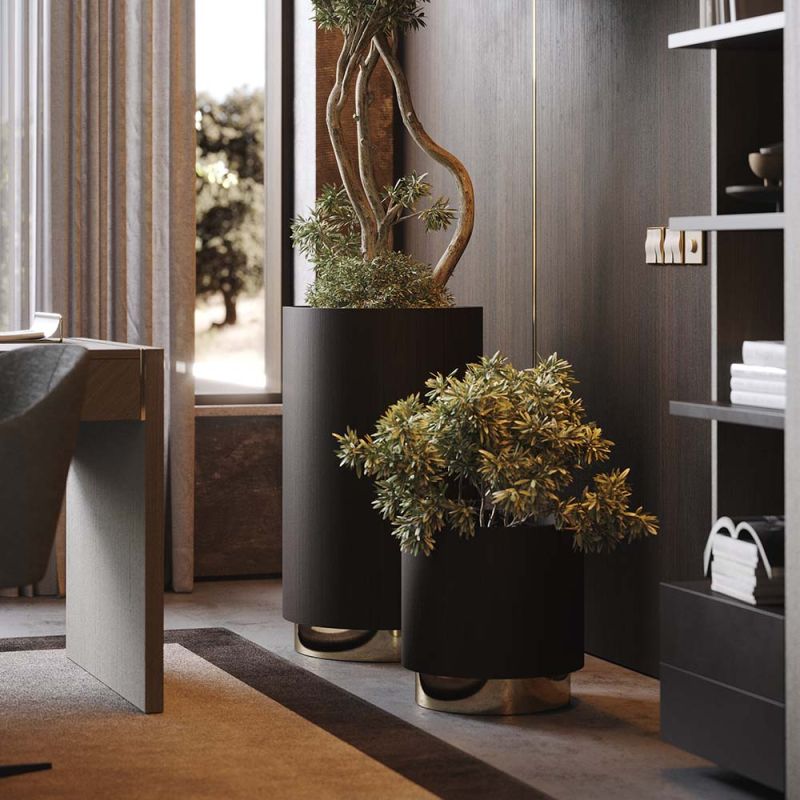 Decadent, rich wood planter with dazzling gold base