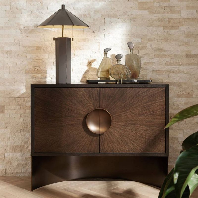 Low-standing cabinet with beautiful eucalyptus wood veneer and circular handle