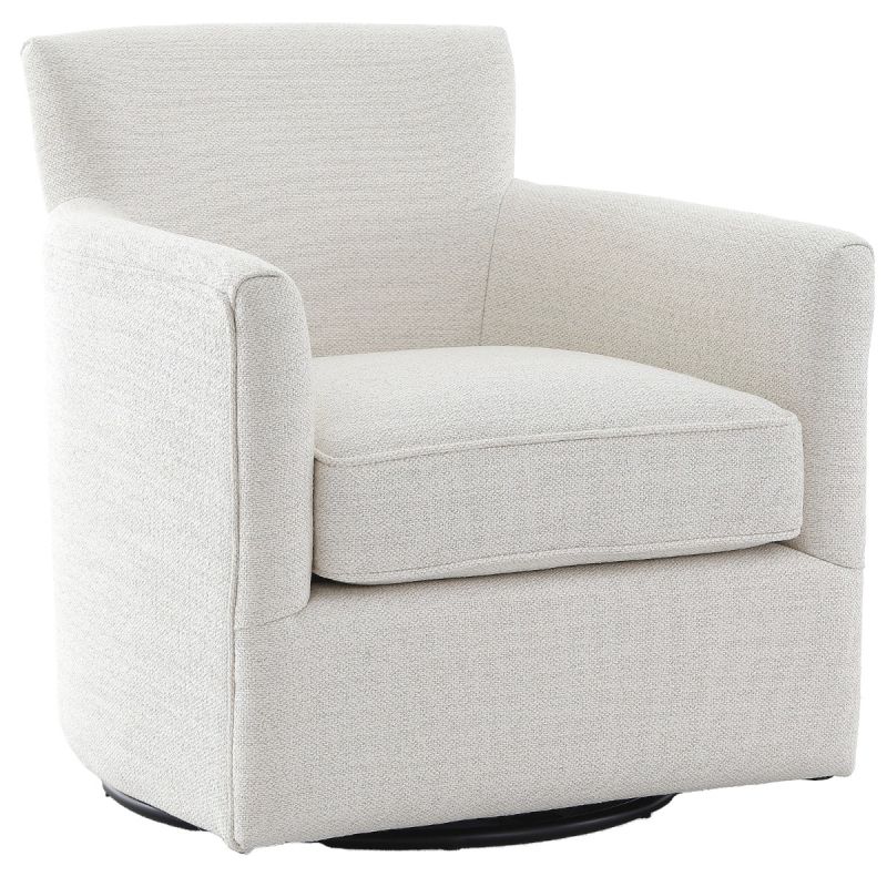 The Paxford Swivel Chair, with its traditional silhouette and off-white fabric upholstery, exudes timeless style and minimal elegance.