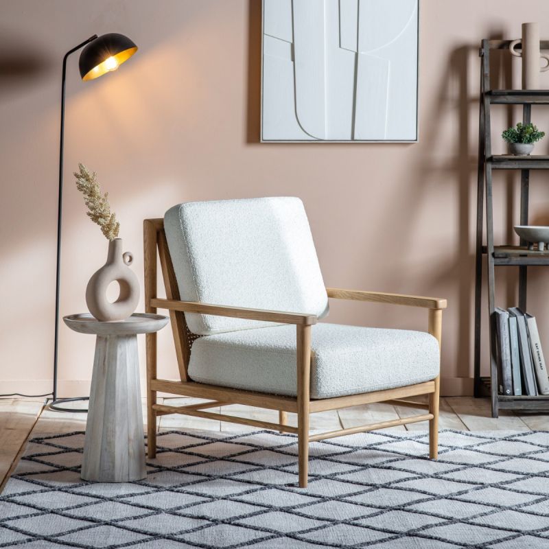 Wooden armchair with single rattan on seat base and double layer on back, with cream back and seat cushions