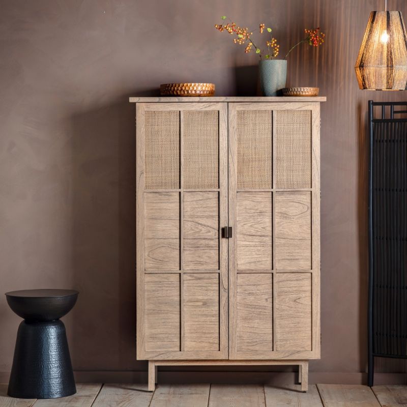 Wooden two door cupboard with rattan detailing