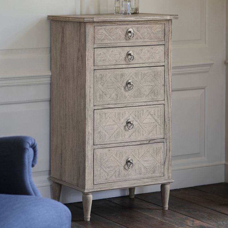 Tall light wooden five drawer chest