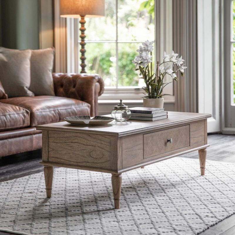 Lightly brushed coffee table crafted from Mindy wood with a stunning inlaid parquet-style design