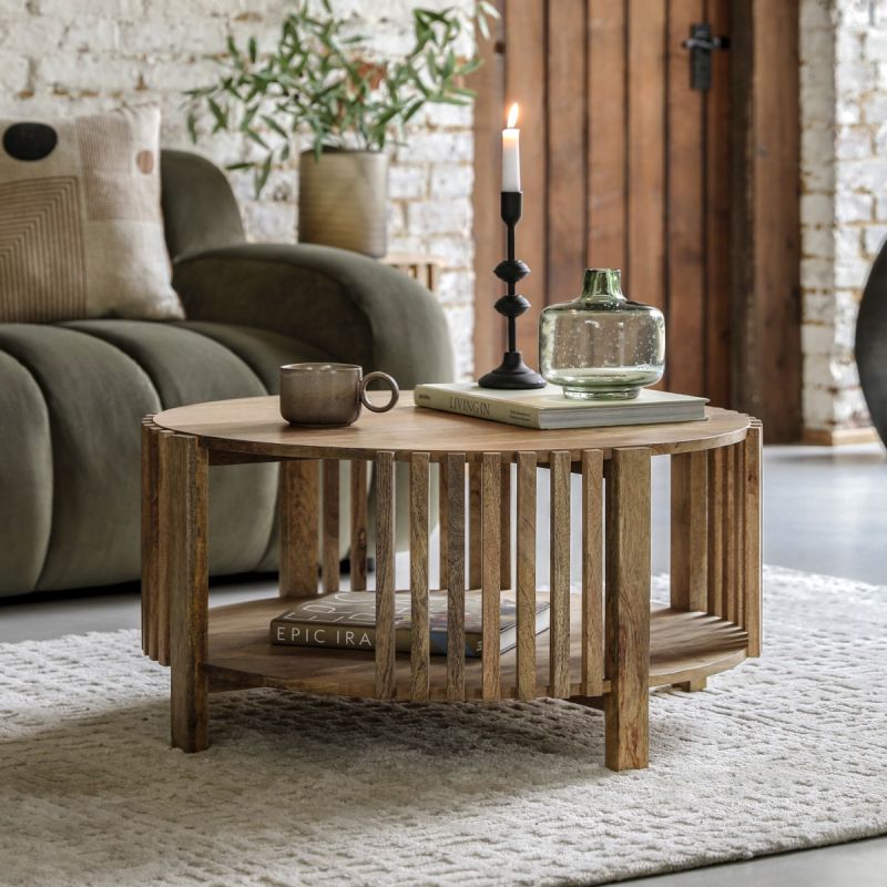 Slatted coffee table with lower shelf