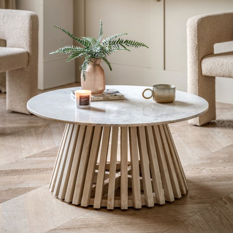 Marble top coffee table with gentle sloping slats for base