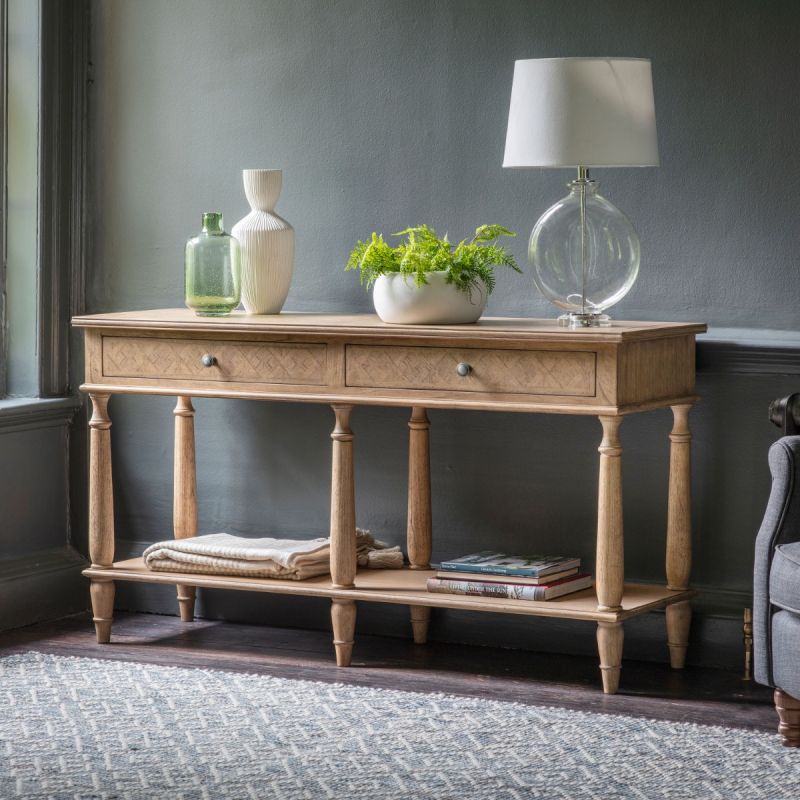Lightly brushed console table crafted from Mindy wood with a stunning inlaid parquet-style design