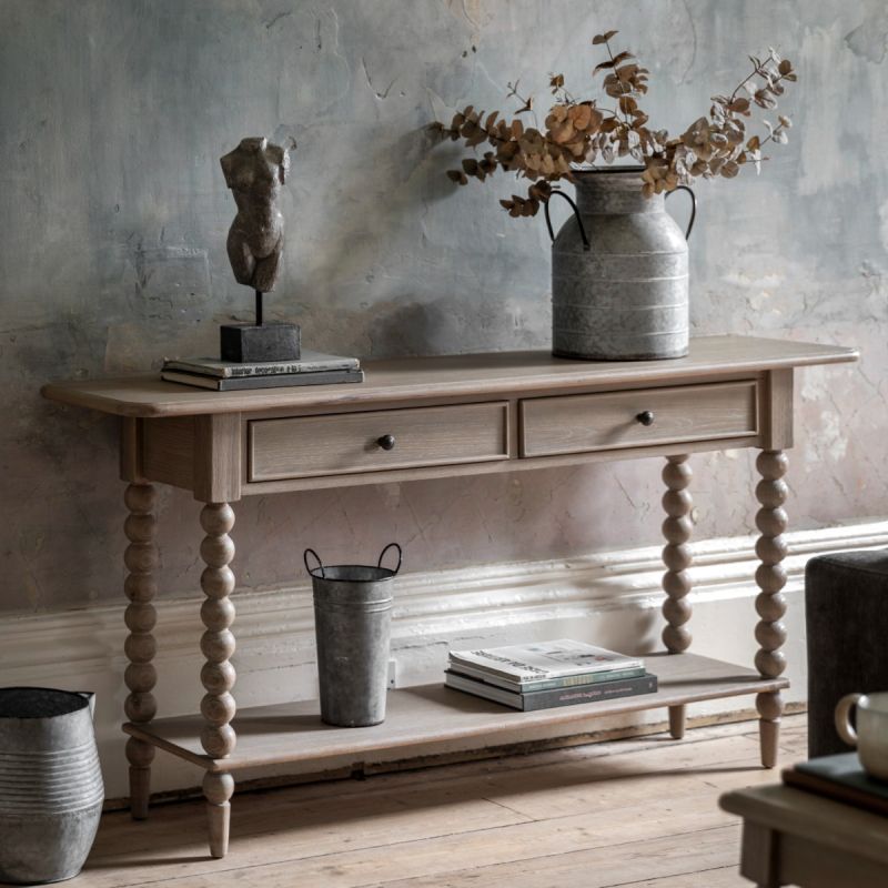Lime wash wooden console table with bobble effect legs
